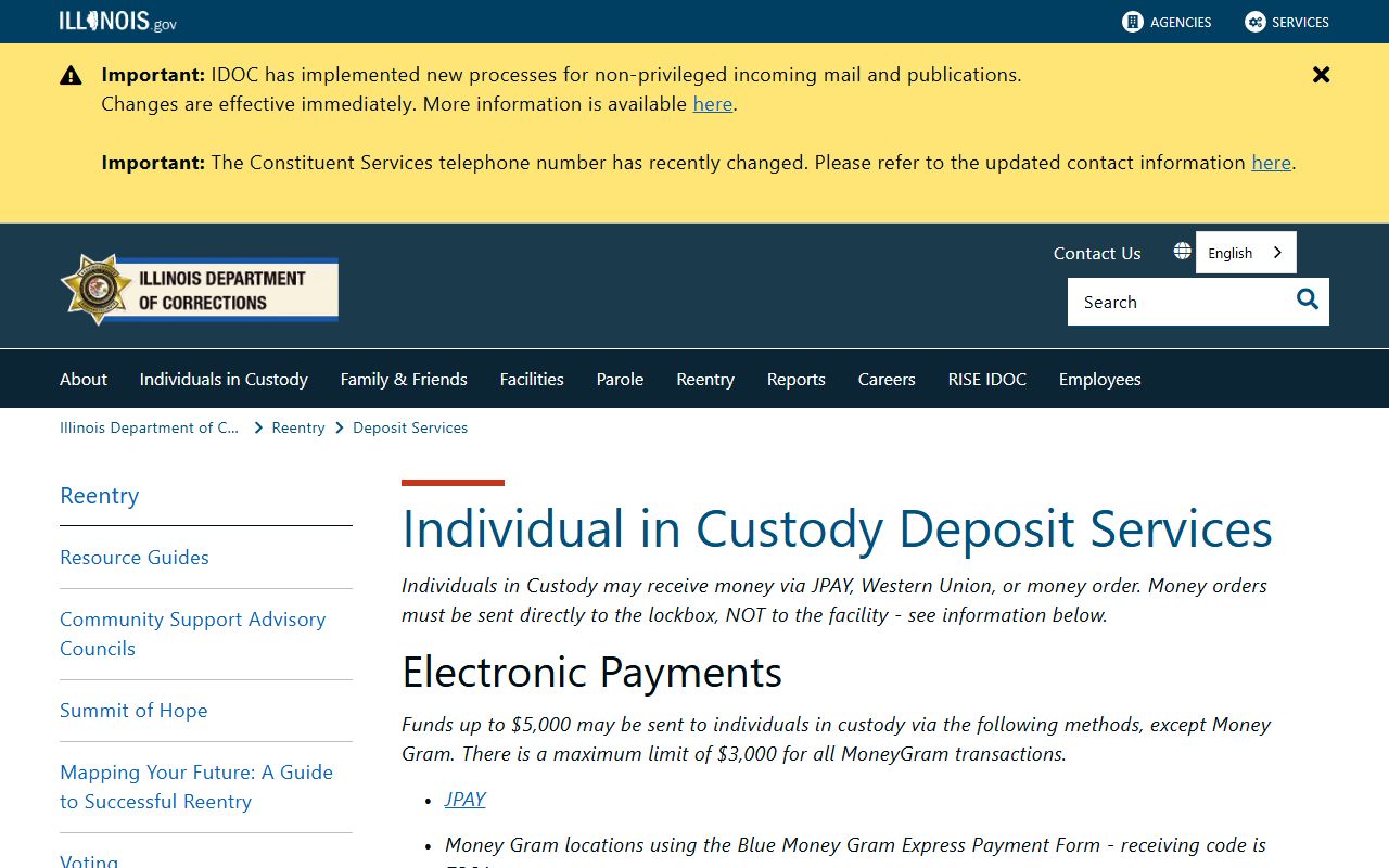 Illinois IDOC deposit options for inmates transferred from the Iroquois County Jail to state prison
