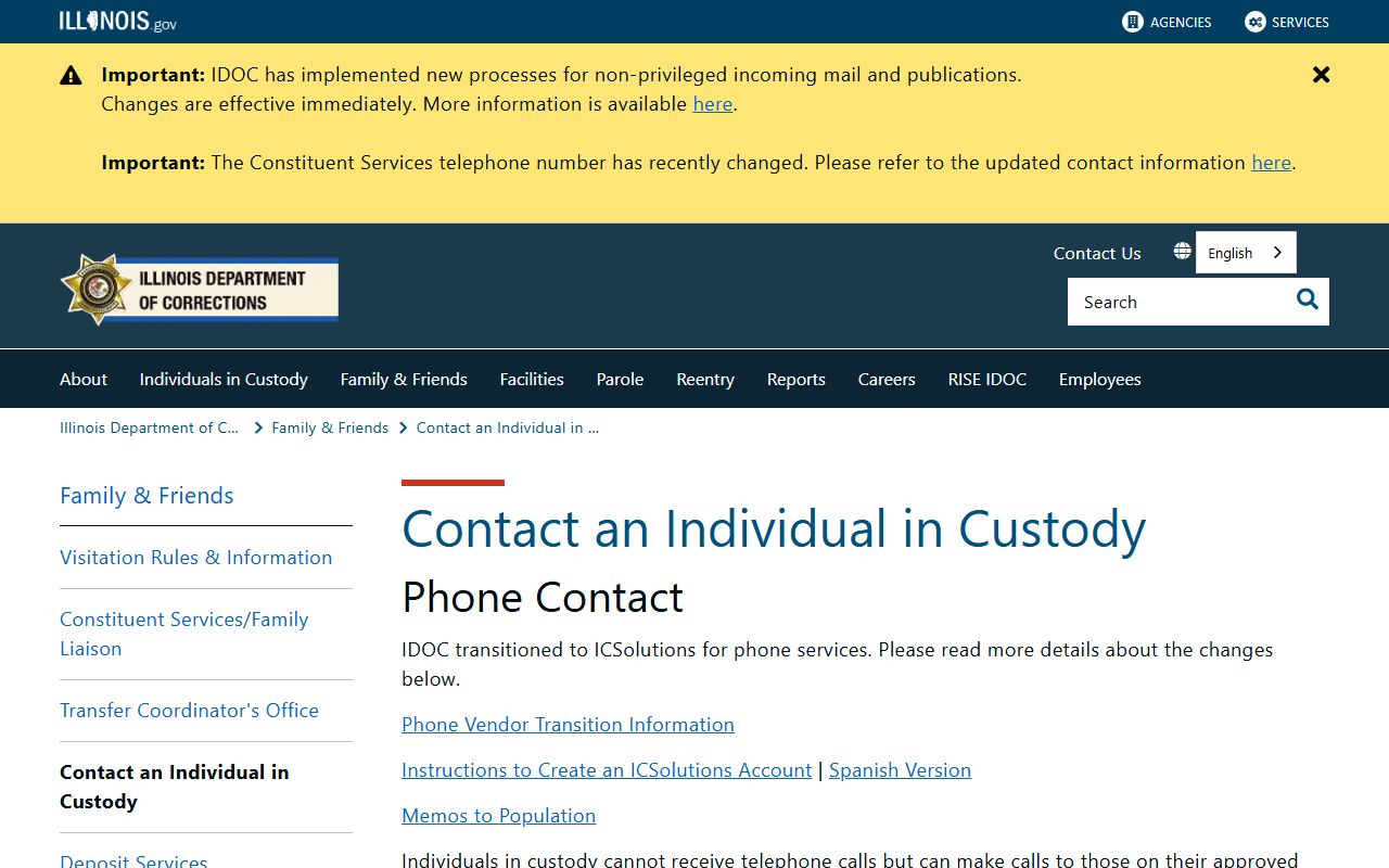 Illinois IDOC phone and mail contact page for sentenced Iroquois County inmates