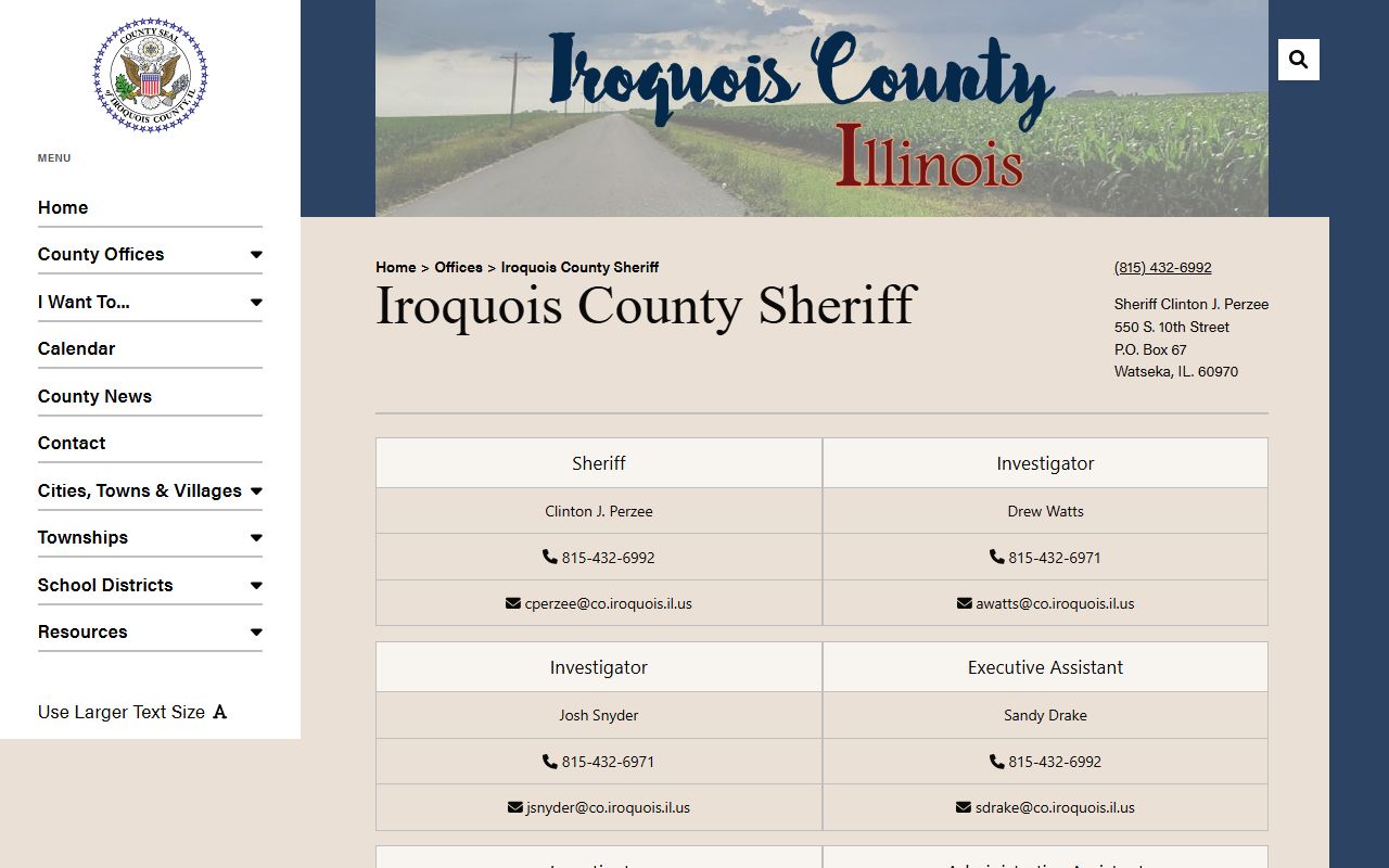 Iroquois County Sheriff's Office page with the jail phone line for inmate population lookups