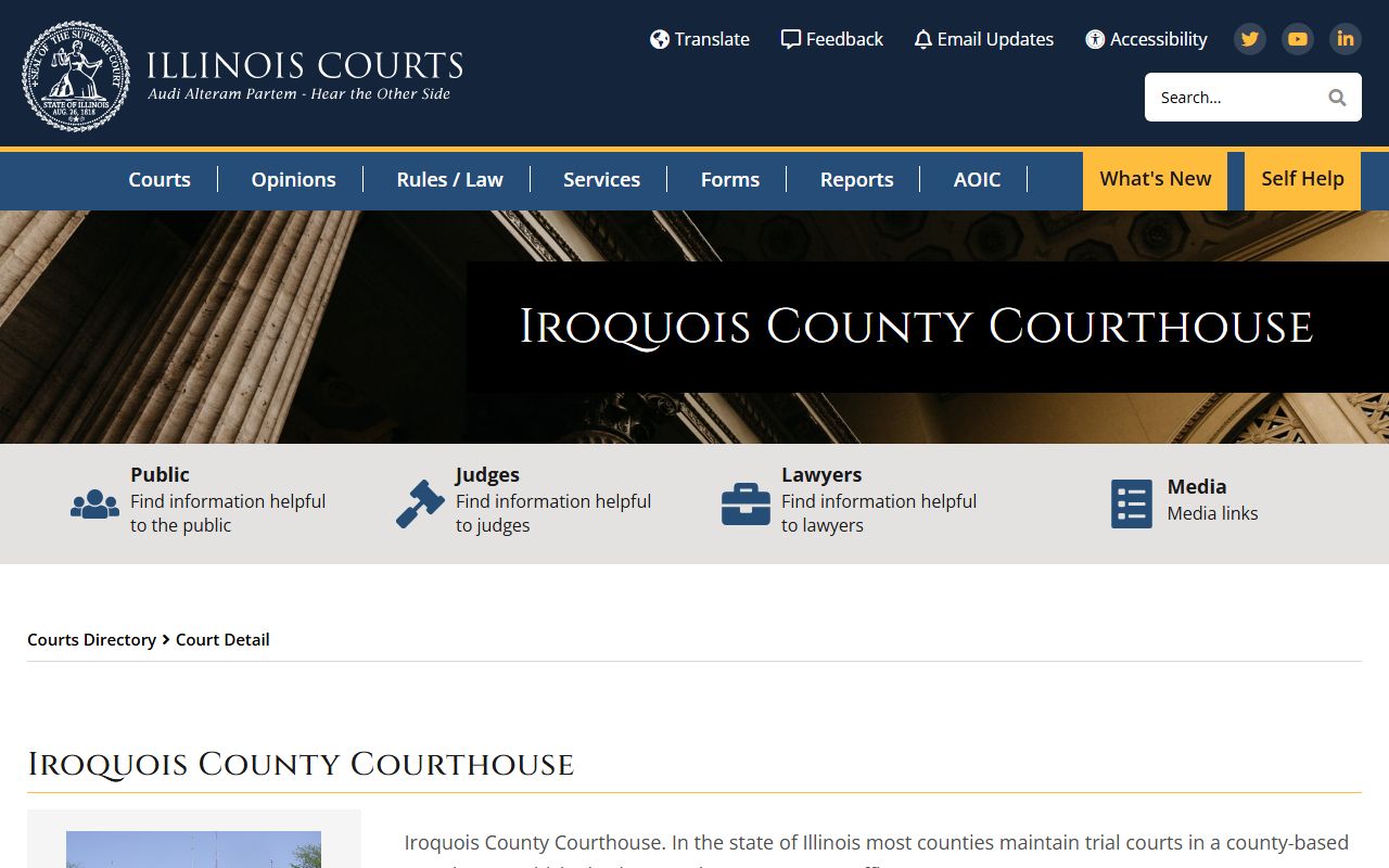 Illinois Courts directory for the 550 S. 10th Street complex housing the Iroquois County Jail